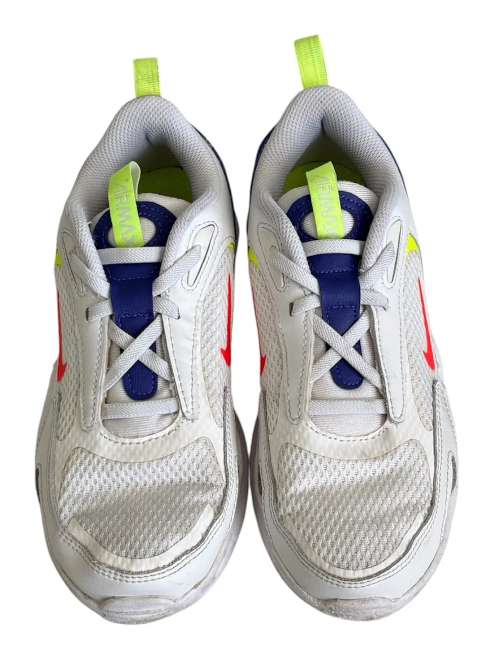 Nike Kids White Sneakers with Neon Yellow & Royal Blue Accents